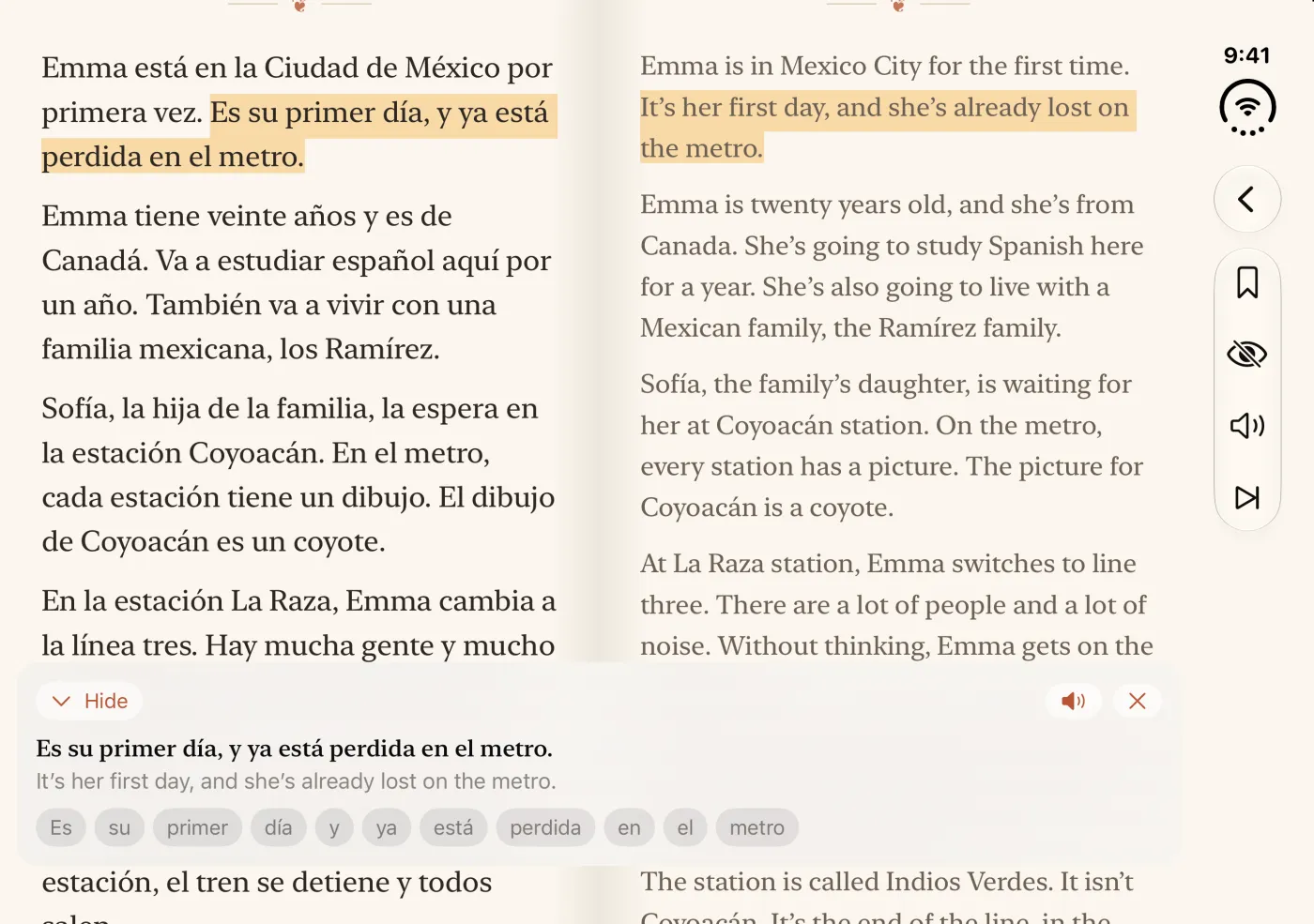 Emma en México open on an iPhone Duo: the Spanish on the left page, the English on the right, and the sentence “Es su primer día, y ya está perdida en el metro” highlighted on both, with its translation in a panel below.