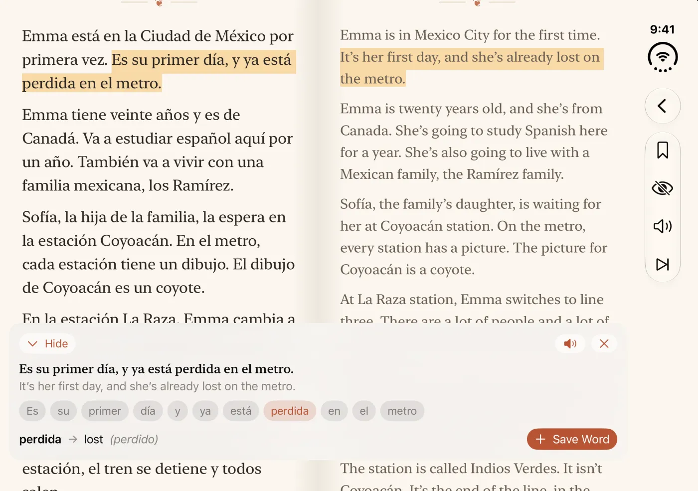 Facing Pages open on an iPhone Duo, with a Spanish story on the left page and our English on the right. The sentence “Es su primer día, y ya está perdida en el metro” is highlighted on both pages, and a panel below shows the word “perdida” looked up as “lost” with its dictionary form, “perdido”.